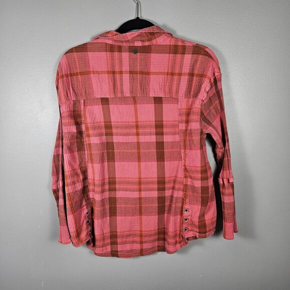 prAna Fillary Pink Red Textured Plaid Flannel Long Sleeve Button Down Size Large - Picture 2 of 6